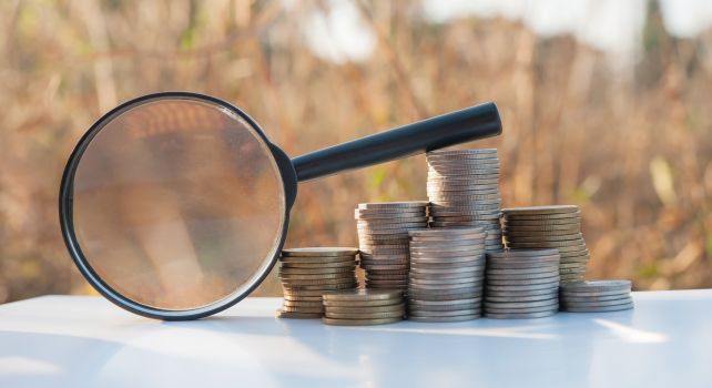 Finanzfakten Eine Lupe mit gestapelten Münzen