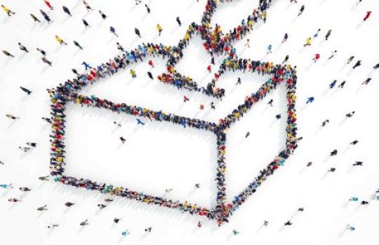 Das Bild zeigt eine Wahlurne mit einer Hand gebildet aus Menschen 