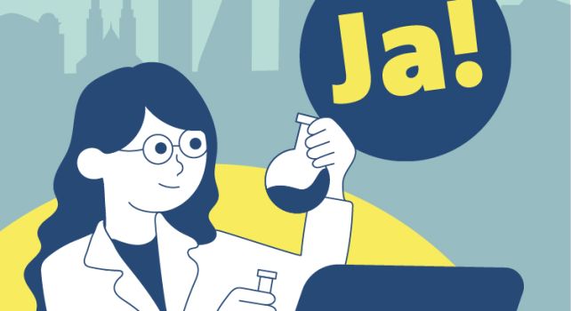 Forscherin im Comicstil mit Laptop und Reagenzglas mit dem Schriftzug JA!