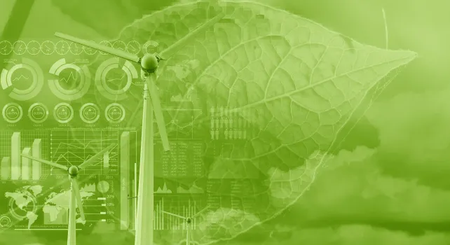 Bild von Windrädern, Statistiken, Blätter und Wolken auf grünem Hintergrund.