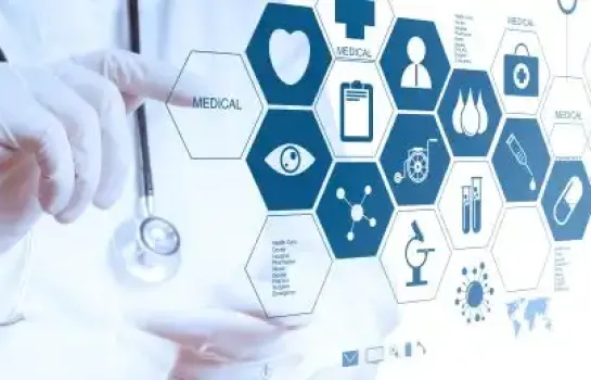 Das Bild zeigt eine Hand, die auf eine virtuelle Scheibe mit Life Sciences Symbolen draufklickt