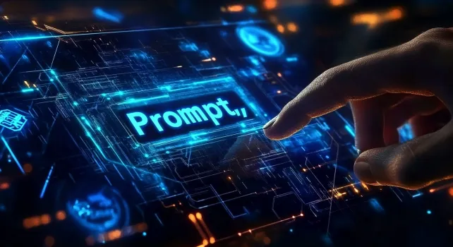 Bildschrim. Zeigefinger tippt auf "Prompt"-Button