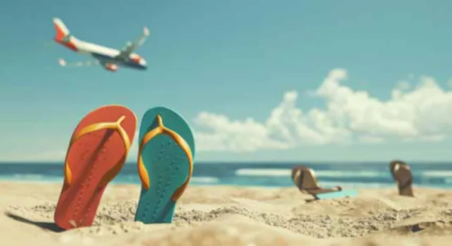 Strand, Flip-Flops und Flugzeug im Hintergrund