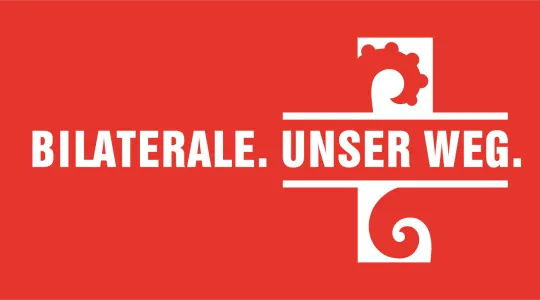  Das Bild zeigt ein weisses Logo "Bilaterale. Unser Weg" auf rotem Hintergrund.
