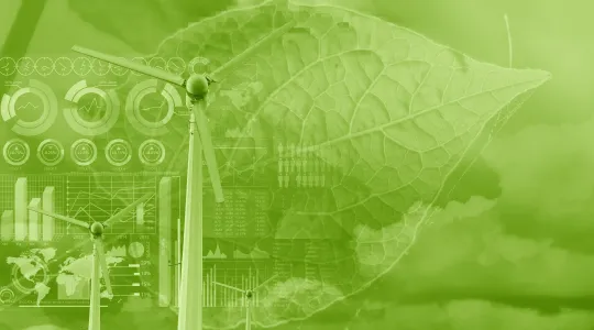 Bild von Windrädern, Statistiken, Blätter und Wolken auf grünem Hintergrund.