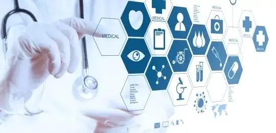 Das Bild zeigt eine Hand, die auf eine virtuelle Scheibe mit Life Sciences Symbolen draufklickt