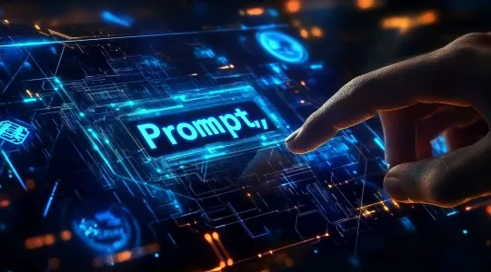 Bildschrim. Zeigefinger tippt auf "Prompt"-Button