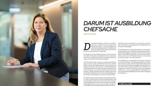 Artikel im Geschäftsführerin-Magazin. Auf dem Foto: Karin Valone, Leiterin Bildung Handelskammer beider Basel