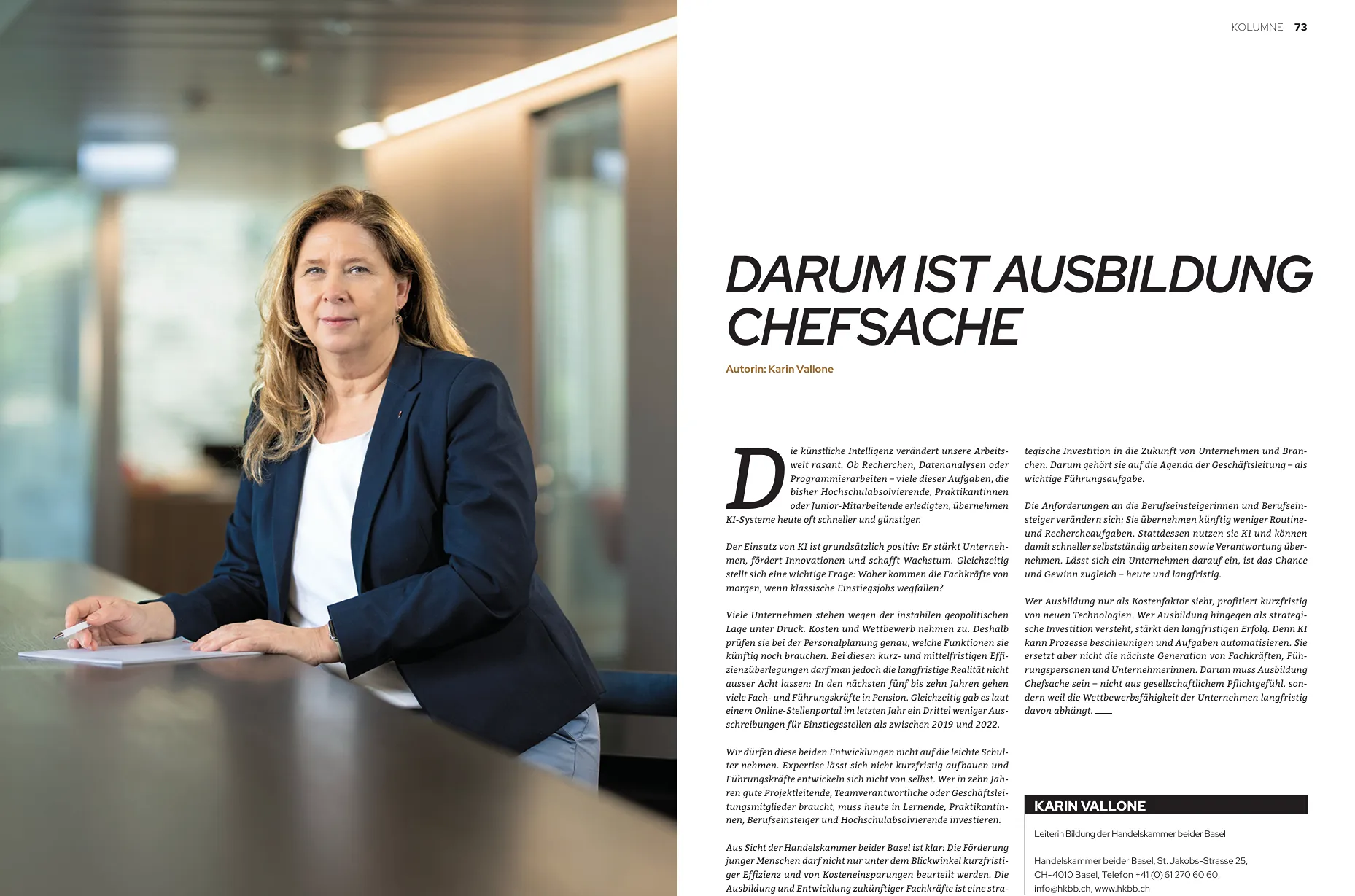 Artikel im Geschäftsführerin-Magazin. Auf dem Foto: Karin Valone, Leiterin Bildung Handelskammer beider Basel