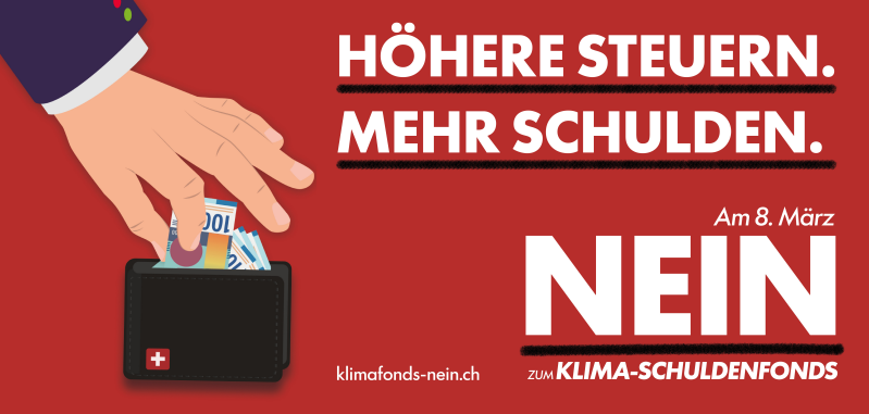Auf dem Bild ist das Kampagnensujet vom NEIN zum Klima-Schuldenfonds mit einer Hand, die Geld aus einem Portemonnaie stiehlt