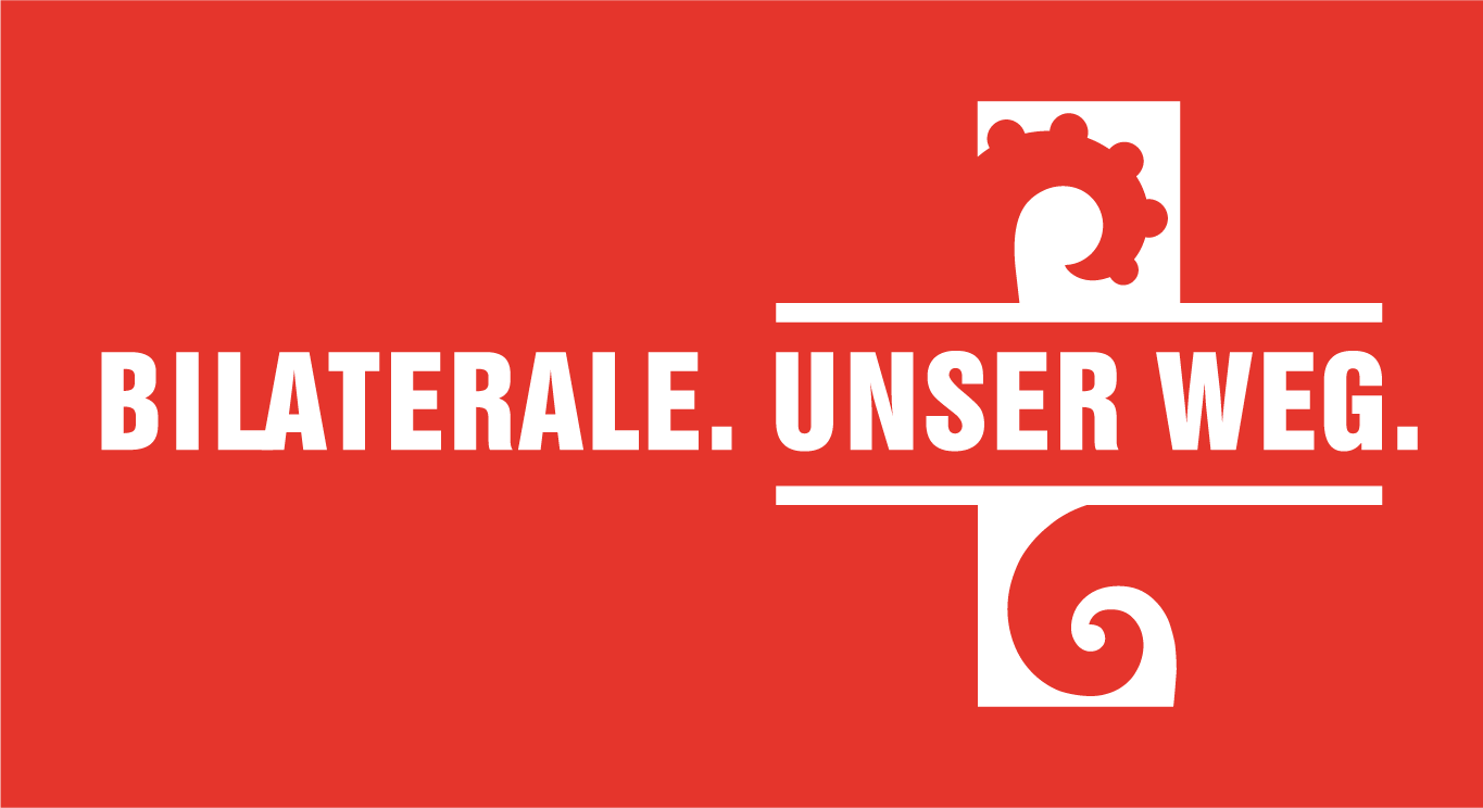JA zu den Bilateralen III Bild zeigt das Sujet der Kampagnen für die Bilateralen III: Schriftzug Bilaterale Unser Weg auf rotem Grund