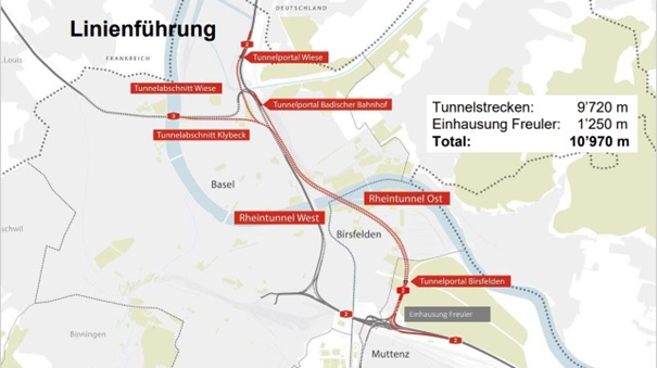 Die Linienführung des Rheintunnels mit den geplanten 