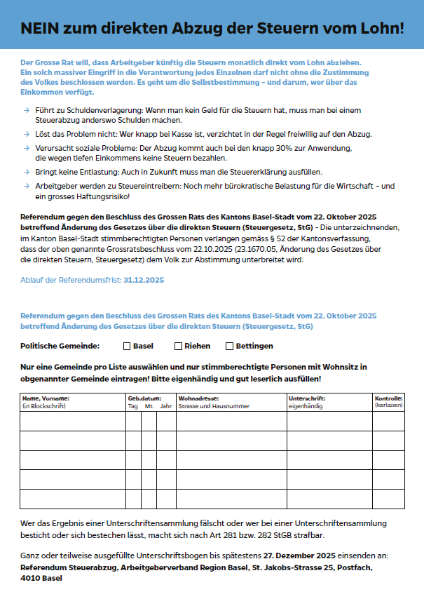 Das Bild zeigt den Unterschriftsbogen zum Referendum Lohnabzug
