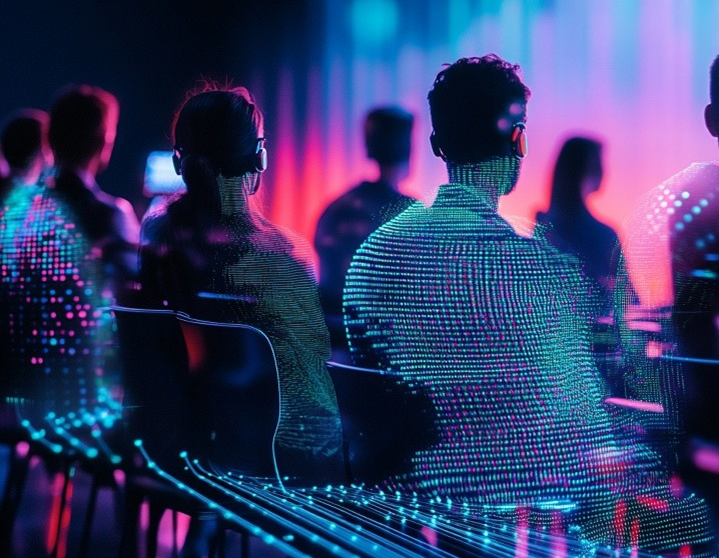 Das Bild zeigt ein KI-Publikum an einer Veranstaltung von hinten sitzend